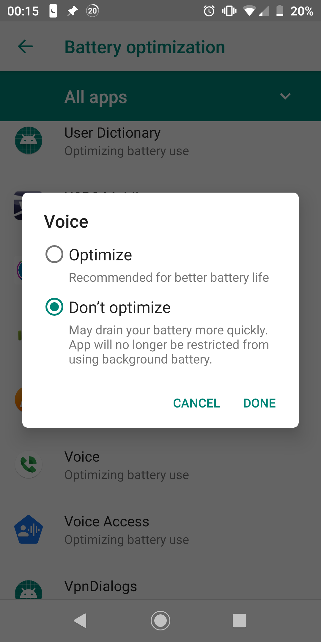 Google Voice Battery Optimization Settings